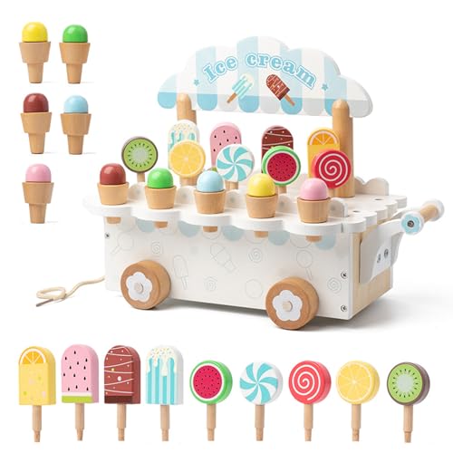 JurciCat Eisdiele Kinder Holz Rollenspiel Küchenzubehör Mit Aufbewahrung EIS Holz Spielzeug Für Kinder ab 3 Jahren Lernen Spielzeug Weihnachts Party Geburtstagsgeschenke (weiß