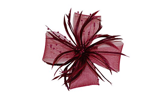 GIZZY® Ladies Burgundy Net Loops with Beads & Feathers Set on Hair Clip Fascinator.