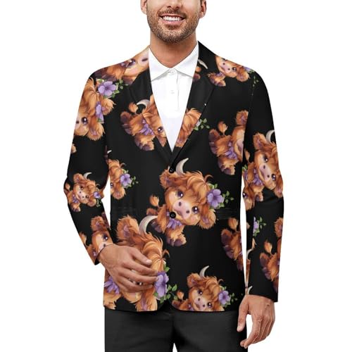 Highland Cow With Purple Flowers Scottish Farm Mens Casual Blazer Button Suit Jacket Lightweight Sport Coat for Work Business