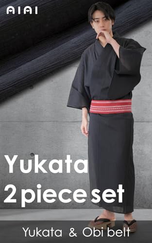 men's yukata summer kimono 2 piece set obi belt2