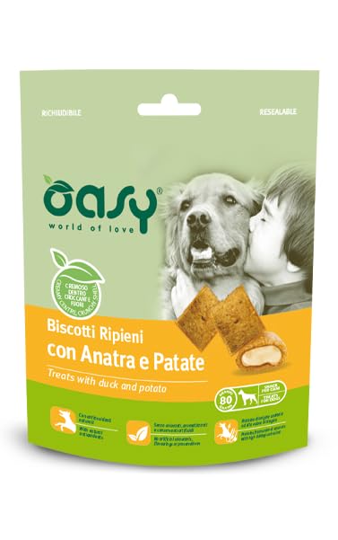 OASY Cane SNACK • Biscotti Ripieni con Anatra e Patate | snack per cani adulti di tutte le taglie, ideali per l'addestramento, con antiossidanti naturali, 3 confezioni da 80 grammi l'una.