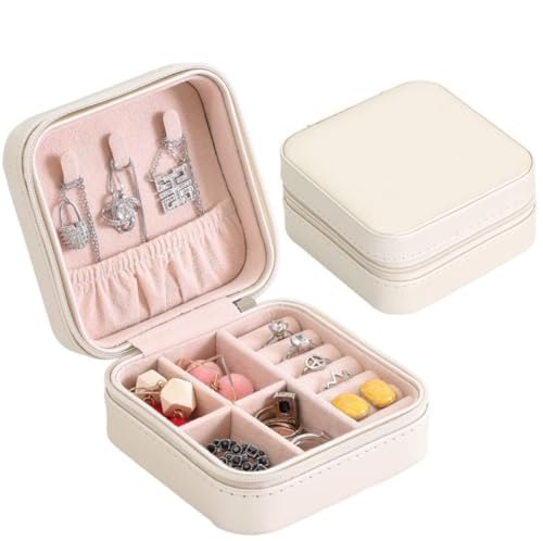 Image of Jewelry Organizer PU Leather Zipper Portable Storage Box Case with Dividers Container for Rings, Earrings, Necklace Home Organizer (White)