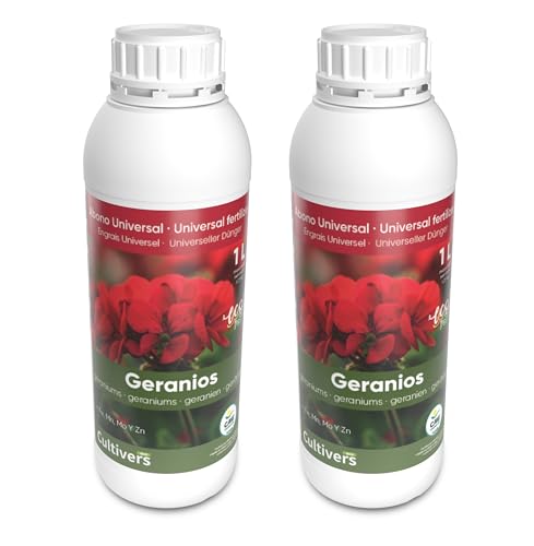 CULTIVERS Fertilizante Geranios Ecológico Líquido 2X1L. Hojas más verdes, Mayor Floración e Intensifica el color. Con Macronutrientes y Micronutrientes. Abono 100% Orgánico y Natural.
