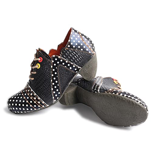 TMA EYES Women's Retro Polka Dot Leather Booties Low Heel Lace Up Women's Ankle Boots2