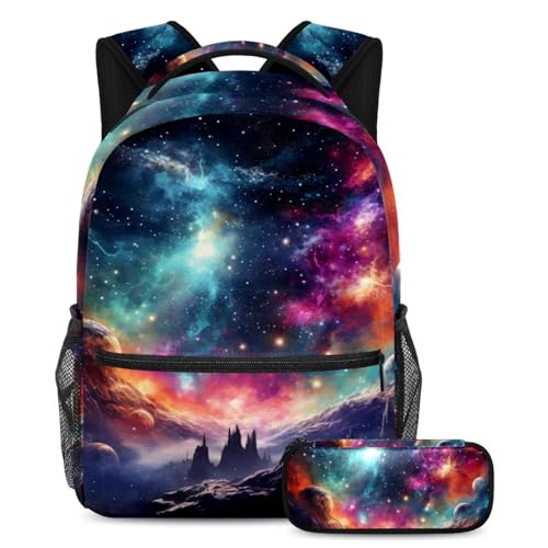 Ensemble sac à dos imprimé espace galactique 40cm et trousse stylos