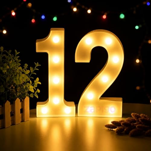 Image of Balloonistics LED Marquee Number 12 Light - Cordless Battery-Operated Light Up Number Sign for 12th Birthday, Anniversary, Wedding, Party Decoration, Wall Hanging or Table Display