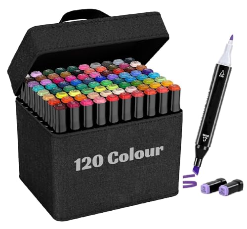 Image of Dual Tip Colorful Art Markers 120 Colors Sketch Pens With Carry Bag For Painting Sketching Calligraphy Drawing,Chisel & Fine Tip Water Based Colouring Marker For Kids & Adult,Multicolor (120)
