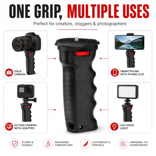 Image of Universal Camera Hand Grip with 1 /4-Inch Screw Mount | Ergonomic Anti-Slip Handheld Stabilizer for DSLR, Mirrorless Camera, Camcorder, Action Camera, Phone Holder & LED Video Light