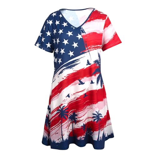 Image of MYHALF 4th of July Patriotic Dress for Women - American Flag V Neck T Shirt Dress Red White and Blue Summer Dresses