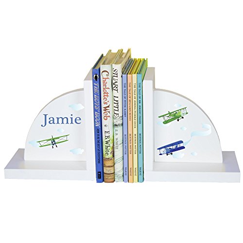 Personalized Bookends Custom White Wood Book Ends for Children's Books Gift for Boys Book Shelf (Planes)