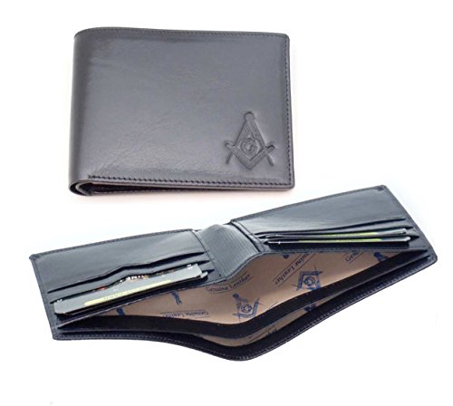 One (1) Masonic Black leather Wallet with Masonic Compass and Square. Multiple pockets and ID compartments - wallet for Freemasons LW-102-BL