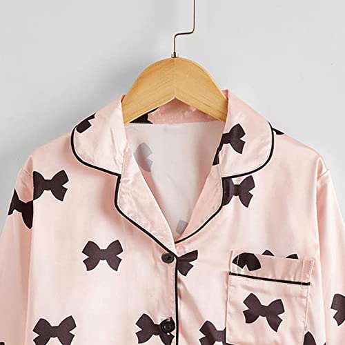 Girl Kids Summer Silk 𝐏ajamas Set Long Sleeve Button Down Tops Pants Bow Prints 2 Piece Outfits Cozy Satin Sl𝐞epwear2