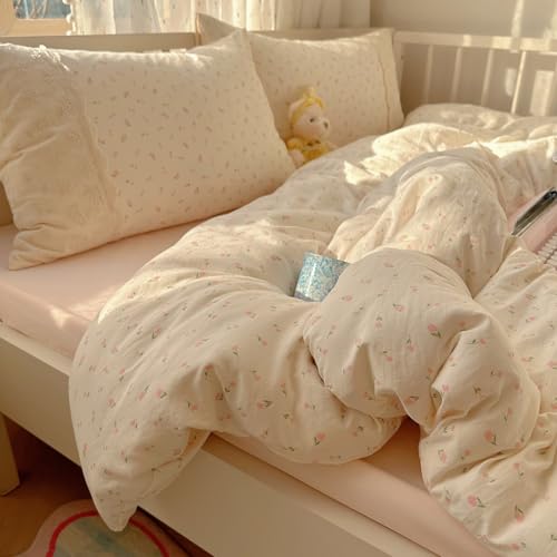 Image of VM VOUGEMARKET Romantic Lace Duvet Cover Set with Pink Flower Pattern Queen Size Soft Lightweight Washed Microfiber Princess Duvet Cover with Zipper Ties 2 Pillowcases for College Dorm