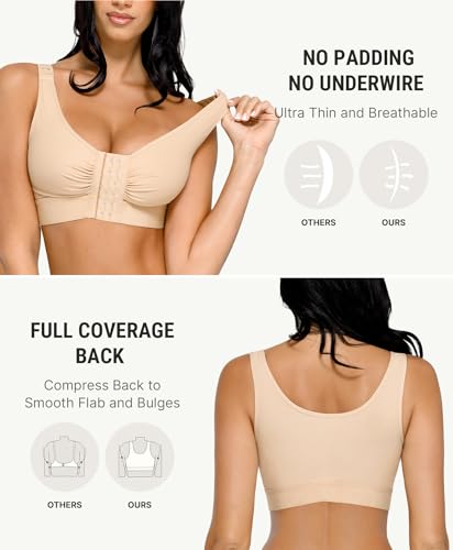 FeelinGirl Post Surgery Compression Bra for Women Front Closure Mastectomy Bra with Adjustable Straps Wirefree