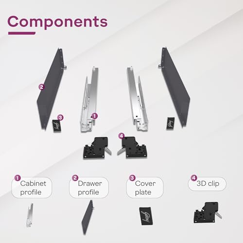 Image of Godrej Kitchen Fittings| Soft Close Slim Drawer Slides | 35 Kg Load Capacity | 3D Three-Way Adjustment Clips | for Kitchen Cabinets & Modular Furniture | Available in 8 X 24 inch, Anthracite