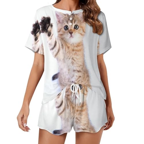 Pyjama chaton pour femme sommeil frais ensemble manches courtes vêtements nuit