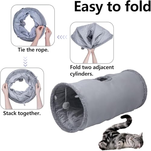 mymai Faltbarer katzentunnel mit weichem Wildlederbezug, interaktiver Rascheltunnel für Katzen mit 2 Hängenden Spielzeugen, ideal für Kaninchen kleine Haustiere (Grau, A)