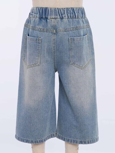 Kids Girls Wide Leg Cropped Denim Pants High Waist Pull On Baggy Jean with Patch Pockets4