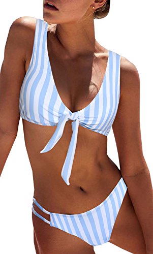 BMJL Women's Sexy Detachable Padded Cutout Push Up Striped Bikini Set Bow Tie Two Piece Swimsuit(M,Light Blue)