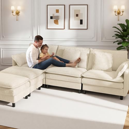 Image of Claiks 148 inch Modular U-Shaped Sofa, Cloud Couch with Ottoman, Sectional 6-Seater Sofa, Deep Seat Comfy Couch with Pillows for Living Room & Apartment, Beige