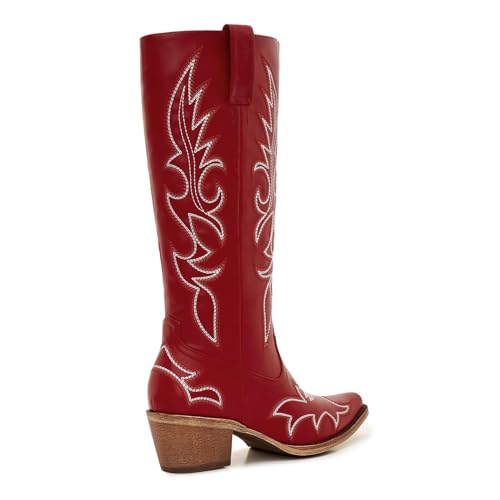 Image of Uillnoodu Women's Turquoise Cowgirl Boots - Wide Calf Mid Calf Western Boots Plus Size Embroidered Cowboy Style with Block Heel