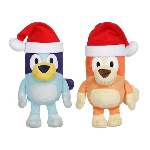 Bluey Toddler Plush Toys Pack of 2, 7-8”, Soft, Festive Holiday Season Plush Figure Toys with Santa Hats, Cuddly Plush Animals for Kids Ages 3+