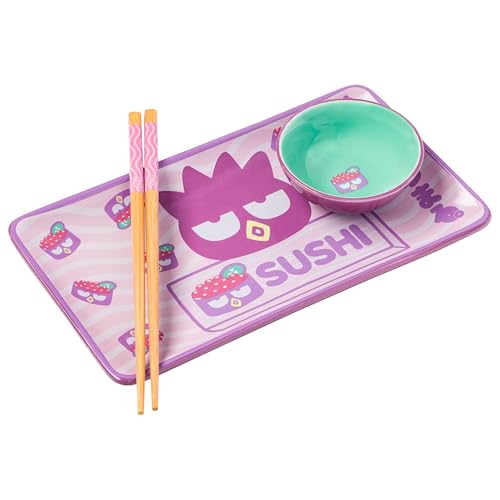 Image of Silver Buffalo Sanrio Hello Kitty and Friends Badtz-Maru Japanese Roe Purple Ceramic Sushi Set with Dipping Sauce Dish and Matching Chopsticks