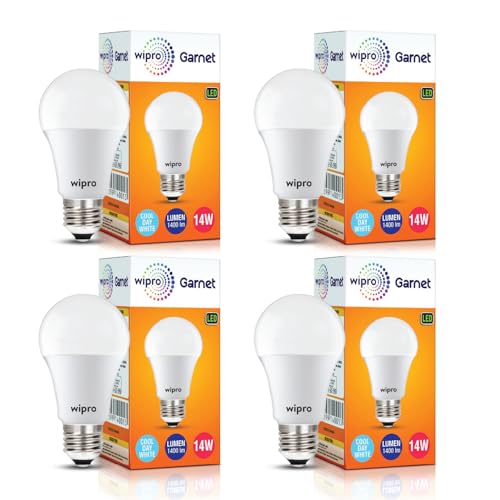 Image of wipro Garnet 14W LED Bulb for Home & Office |Cool Day White (6500K) | E27 Base|220 degree Light coverage |4Kv Surge Protection |400V High Voltage Protection |Energy Efficient | Pack of 4