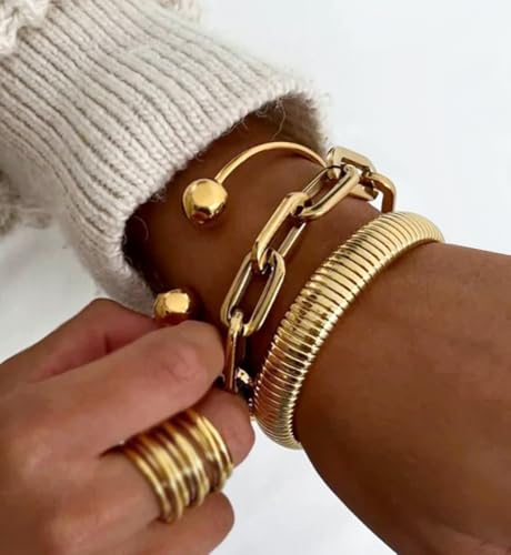 Image of Chunky Gold Bangle Bracelets for Women, Dainty 14k Gold Plated Big Stackable Bangles Set, Trendy Statement Cuff Bracelet Stack Fashion Jewelry Gifts