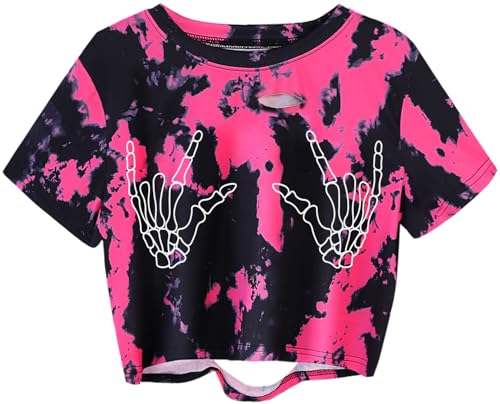 Image of Avanova Women Skull Finger Graphic Distressed Tee Shirt Ripped Short Sleeve Crop Tops