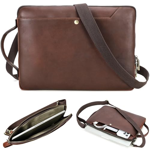 CataPurus Top Grain Leather 14.2' Slim Laptop Bag Case, Handmade, Adjustable Strap & 2 Pockets, Compatible with MacBook Pro 14 inch 2021 2022 M1 Pro/M1 Max A2442 & Other PC, Red Coffee 14.2 Inch