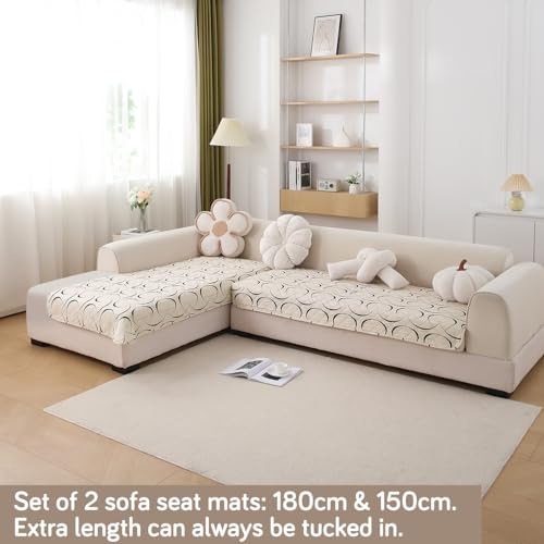 Image of HOKIPO 'Elira Series' Printed Water Repellent + Waterproof Quick Dry L Shape (3+2 Seater) Sofa Seat Cover Mat, Natural Beige Abstract Art (AR-5249-C4 + AR-5246-C4)