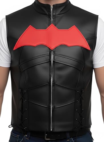 Image of Black Hood Bat Jacket and Vest - Red Hooded Leather Jacket 2 in 1