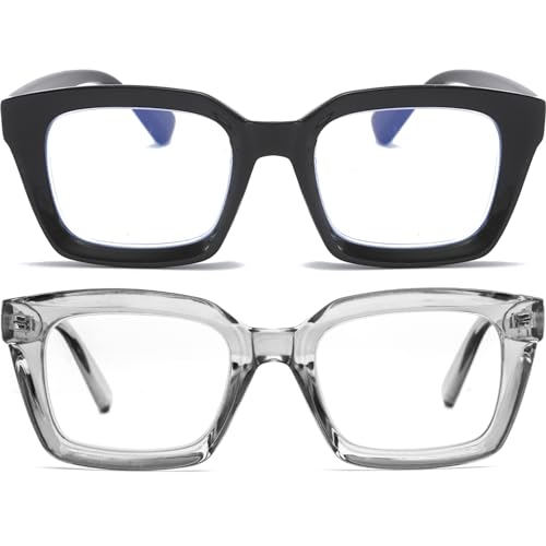 Image of REAVEE 2 Pack Oversized Reading Glasses for Women Men Blue Light Blocking, Ladies Stylish Retro Square Large Computer Readers (Black /Grey 2.0x)