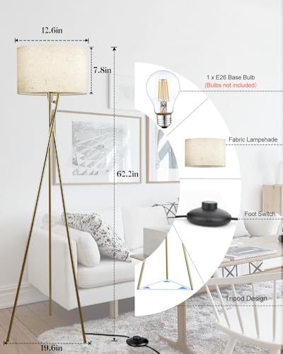 Image of Lightdot 62IN Tripod Floor Lamps for Living Room, Modern Standing Lamp with Off-White Fabric Shade, Mid Century Industrial Standing Tall Lamp for Bedroom, Home Office-Gold
