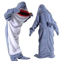 Mineup Shark Blanket Hoodie Onesie Adults, Soft Cozy Shark Blanket, Wearable Fleece Throw Flannel Shark Tail Hoodie, Oversized Shark Sleeping Bags, Halloween Xmas Cosplay Costume for Women Men 155-170