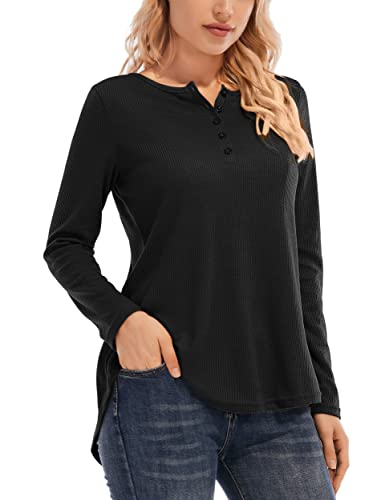 SeSe Code Womens Walffle Knit Henley Shirts Long Sleeve Loose Fit Hi Low Tops Holiday Fashion 2021 Fall Tunics Casual Wear Black XL