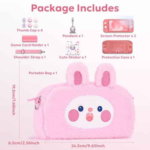 Image of innoAura Switch Lite Case 14-in-1 Accessories Bundle for NS Switch Lite (2019), with Protective Carrying Case, Game Holder, Screen Protector & Cute Thumb Grips, Pink Rabbit Plush Bag