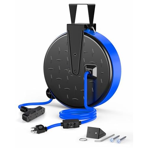 DEWENWILS 30FT Extension Cord Reel, 16/3 Gauge SJTW Power Cord, Retractable Cord Reel with 3 Outlets, Ceiling/Wall Mount for Garage, Workshop, 10A Circuit Breaker, Metal Plate, UL Listed, Bl