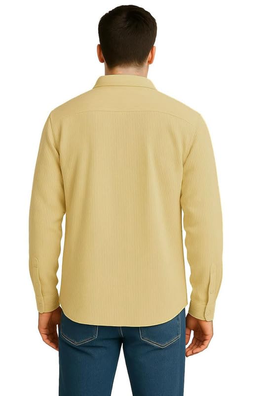 Image of DEELMO Men's Full Sleeve Corduroy Shirt | Stylish Textured Casual Button-Down Shacket for Autumn Winter | Dual Pocket Front Design | Ideal for Layering and Daily Outfits