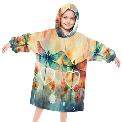 Kids Blanket Hoodie Watercolor Dragonfly Flower Wearable Blanket Hoodie Oversized Hooded Blanket, Sweatshirt Blanket with Pockets Soft Warm Kids Hooded Blanket for Girls, Boys