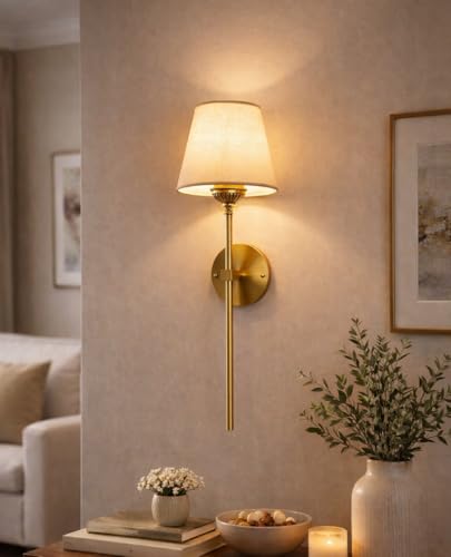 Image of Sinoman Wall Lights for Home Decoration | Classic Antique Brass Wall Sconce with Fabric Shade| Elegant Light Decorative Wall Fixture for Living Room & Bedroom | Vintage Metal Wall Light (Without Bulb)