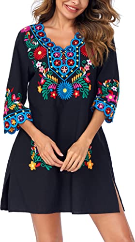 YZXDORWJ Women Embroidered Mexican V Neck Floral Dress Long Sleeve Floral Traditional Bohemian Dress2