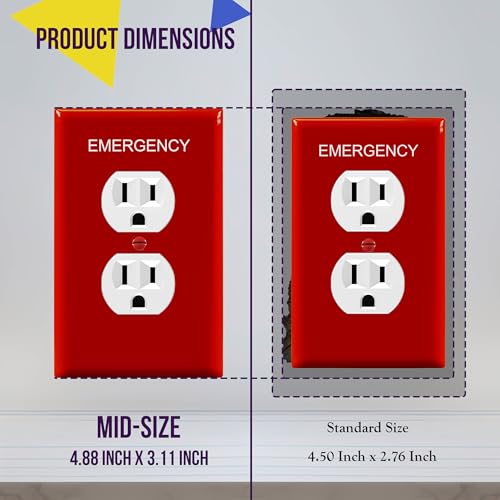 Image of ENERLITES Duplex Receptacle Outlet Wall Plate with Emergency Label, Electrical Outlet Cover, Mid-Size Size 1-Gang 4.88 inch x 3.11 inch, Unbreakable Polycarbonate Thermoplastic, UL Listed, 8821M-ER, Red