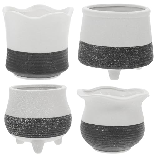 ROMISBABA 4 Piezas Macetas Cerámicas para Suculentas con Drenaje Pequeños Plantas Decorativos para Interior Jardín Oficina Contenedores para Cactus y Plantas Diseño Elegante Negro y Blanco