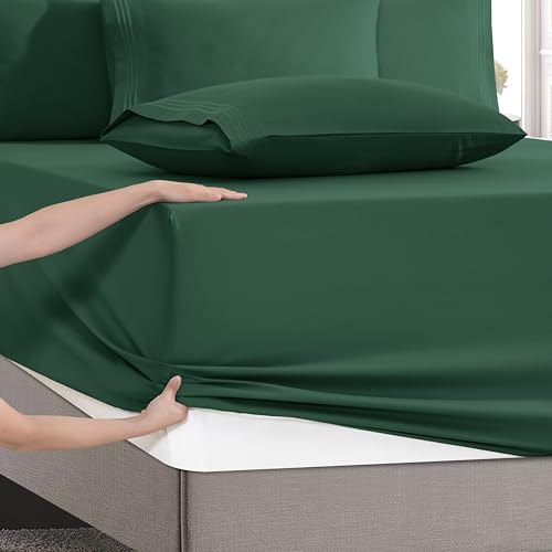 Image of Mocassi Luxury 6-Piece Sheet Set, Ultra Soft 1800 Premium Hotel Quality Microfiber Sheet Set, Fits Mattresses Up to 18 to 24 Inches Extra Deep Pocket- Breathable and Secure Fit, Cal King, Hunter Green