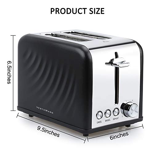Vestaware 2 Slice Toaster, Extra Wide Slot Bread Bagel Toaster 2 Slice - Bagel/Defrost/Cancel Function, 6 Bread Shade Kitchen Toaster with Removable Crumb Tray for Bread Waffles, Stainless Steel