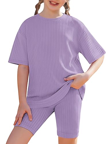 Arshiner Girls 2 Piece Summer Outfits Short Sleeve Ribbed Knit Drop Shoulder T-Shirt and Shorts Set Soft Stretchy Casual Clothes Ages 9-10