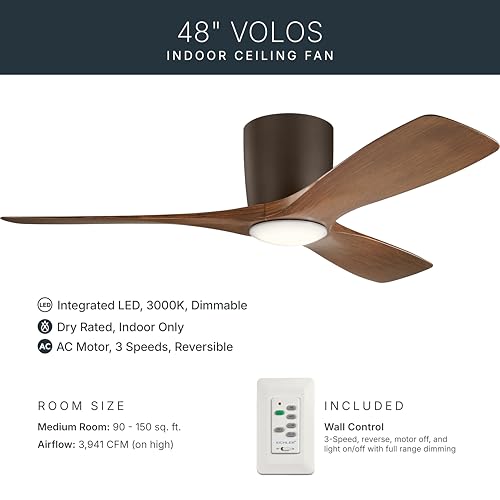 Image of Kichler Volos 48 inch Ceiling Fan With LED Light, Natural Bronze, 300032SNB | Wall Control, Contemporary Indoor Fan, Low Profile Ceiling Fan with Light