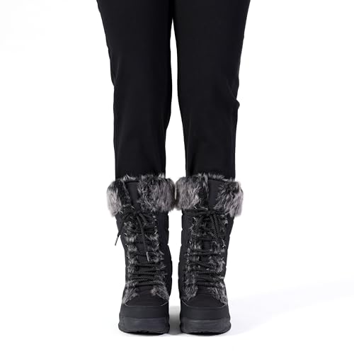 Image of AUSLAND Women's Black Winter Snow Boots Twin Peaks Fur Cuff Mid-Calf Waterproof Lace Up Boots